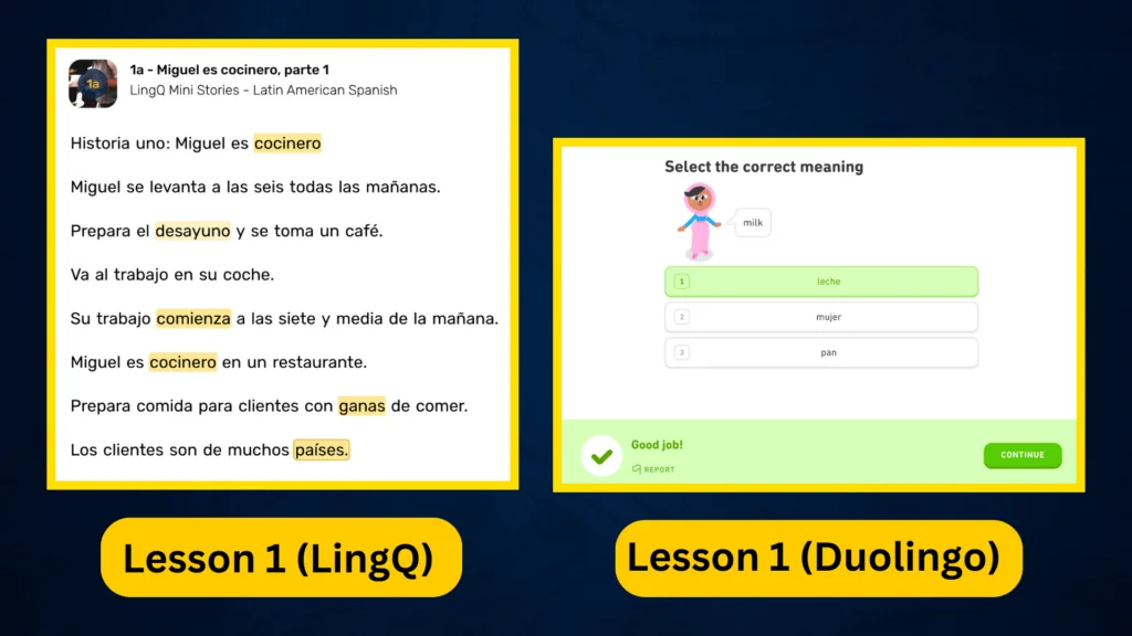 When you start learning a new language, LingQ offers real stories completely in the language. Duolingo introduces single words and is entirely dependent on translation.