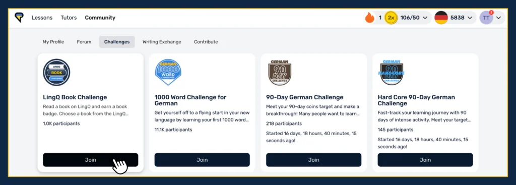 A screenshot showing how to join LingQ's book challenge