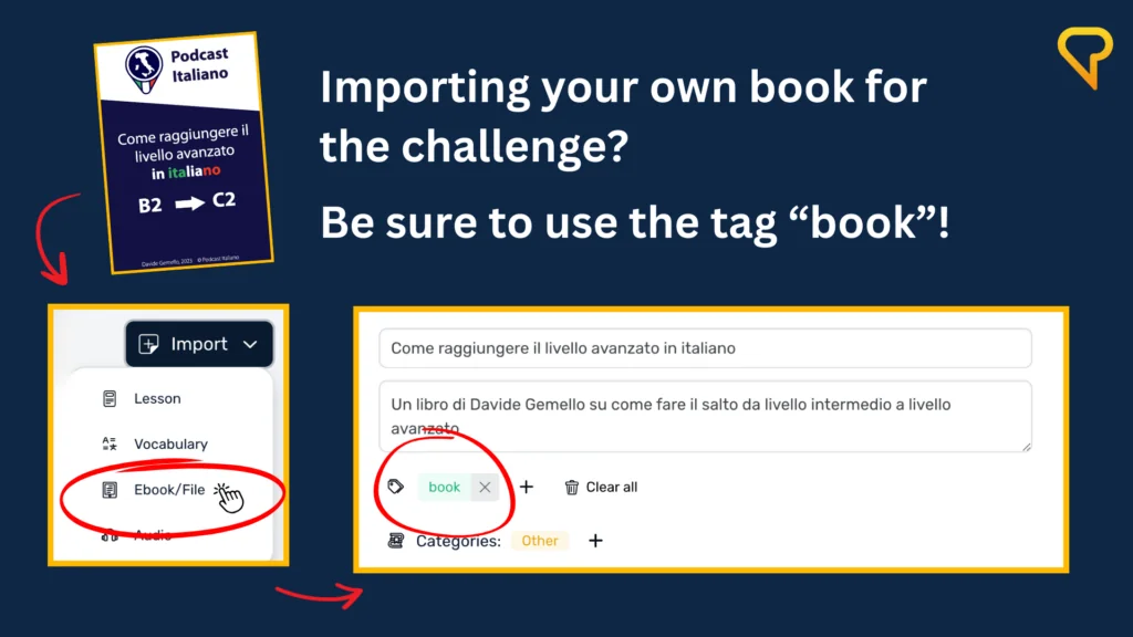 An image showing how to tag lessons on LingQ to participate in the book challenge 